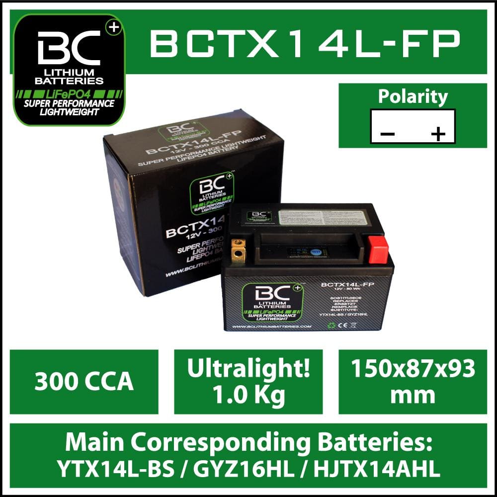 BC Lithium Batteries BCTX14L-FP Batteria Moto Litio LiFePO4, 1 kg, 12V, YTX14L-BS / GYZ16HL - BC Battery Italian Official Website