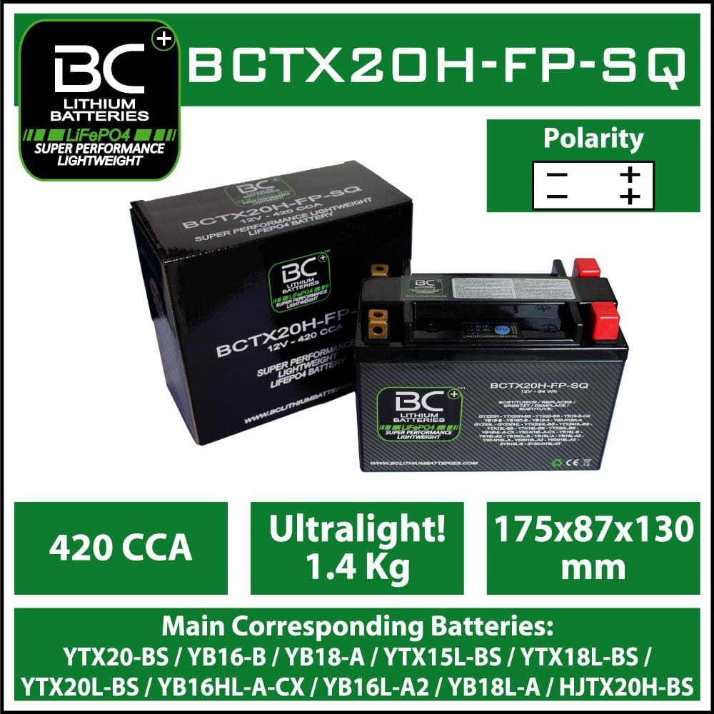 BC Lithium Batteries BCTX20H-FP-SQ Batteria Moto Litio LiFePO4, 1,4 kg, 12V - BC Battery Italian Official Website