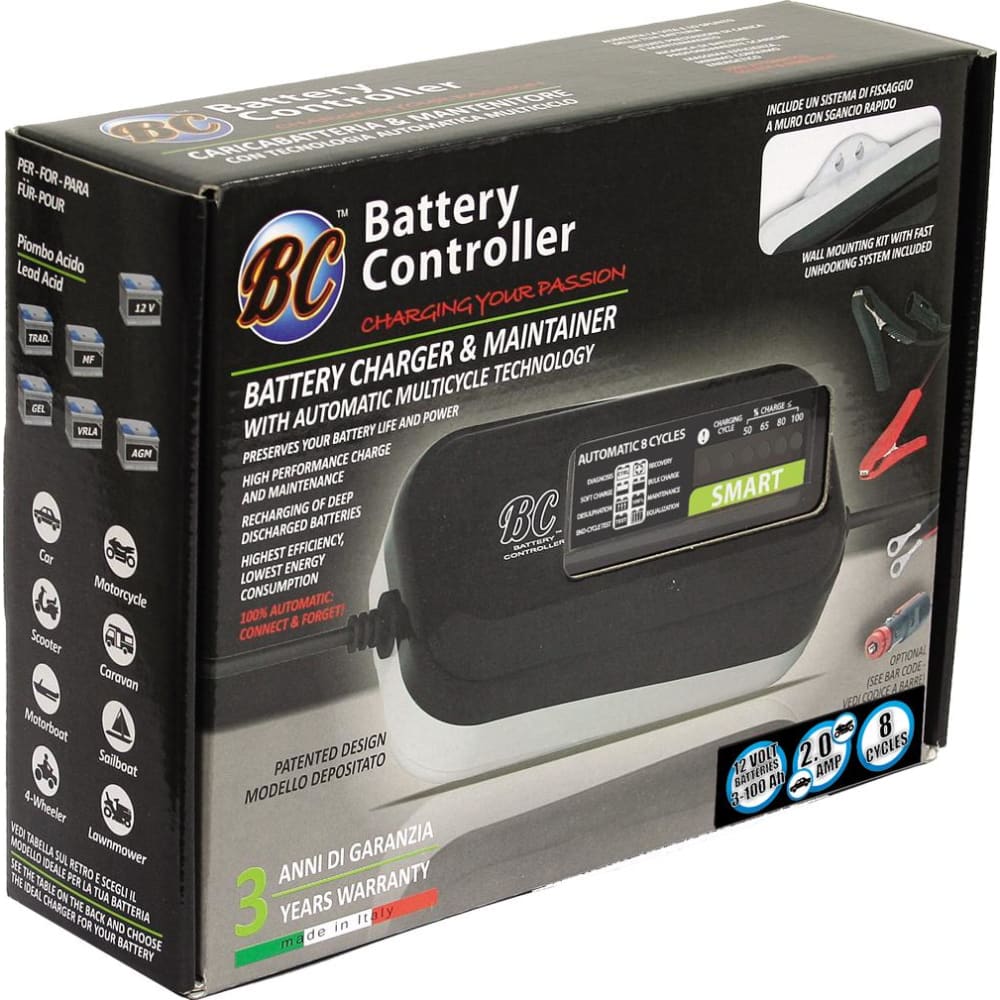 BC SMART 2000 DESIGN, 2 Amp, Caricabatteria e Mantenitore Intelligente per tutte le Batterie Auto e Moto 12V Piombo-Acido - BC Battery Italian Official Website